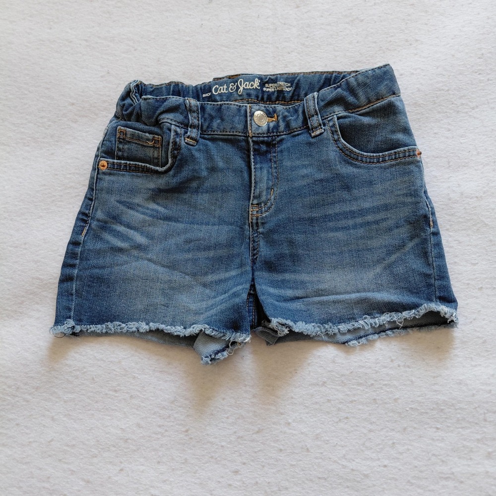 Cat and Jack Shorts Girls L 10 12 Blue Denim Raw Hem Cut Off Super Stretch